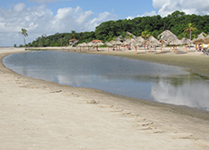 Foto mostra visão panorâmica da praia do Pesqueiro, na Ilha do Marajó. Há uma pequena lagoa formada por maré seca, palhoças vazias e vegetação nativa ao fundo.